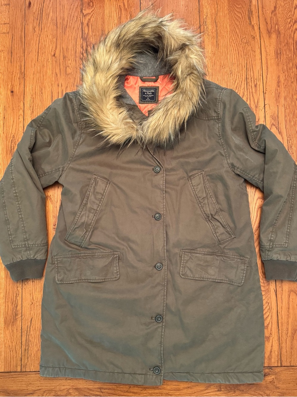 Abercrombie & Fitch Olive Green Parka Jacket with Faux-Fur Hood - Size Womens XL